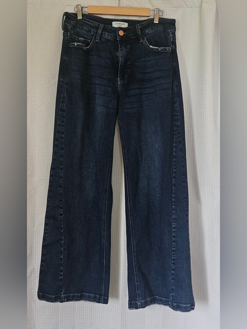 Loveret Vervet Outdone Wide Leg Jeans Womens 14 High Rise Dark Wash Distressed